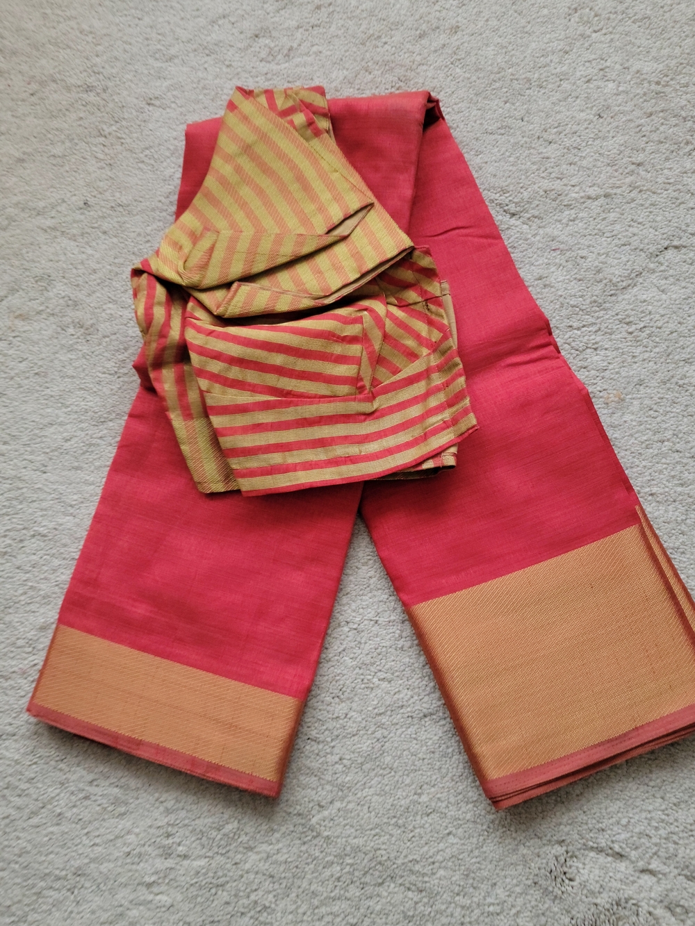 Coral Pink and Gold Women’s Saree With Stitched Blouse